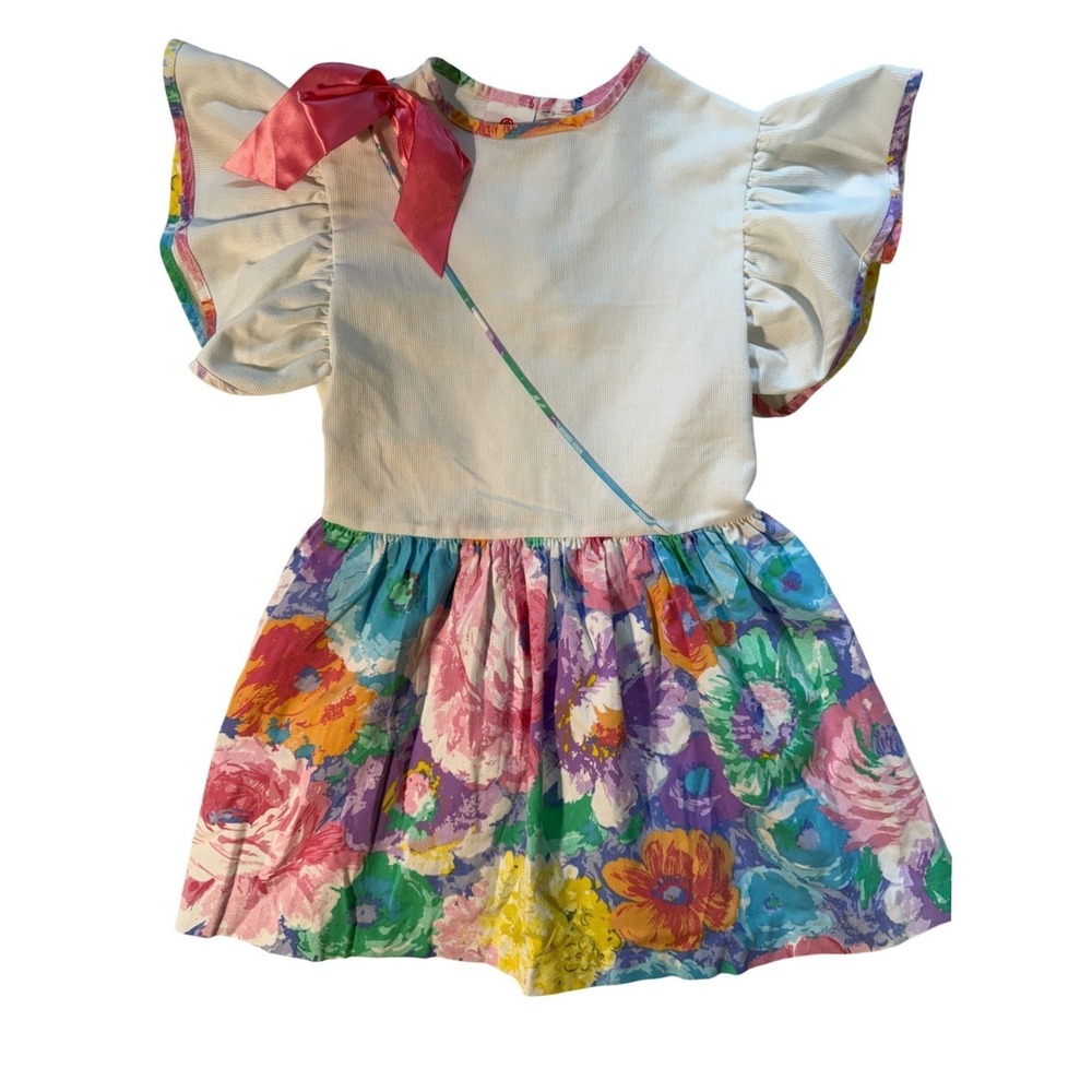 80s‎ Vintage KLL Girls Dress Size 6X White Floral Ruffle Bow Made in USA 53292